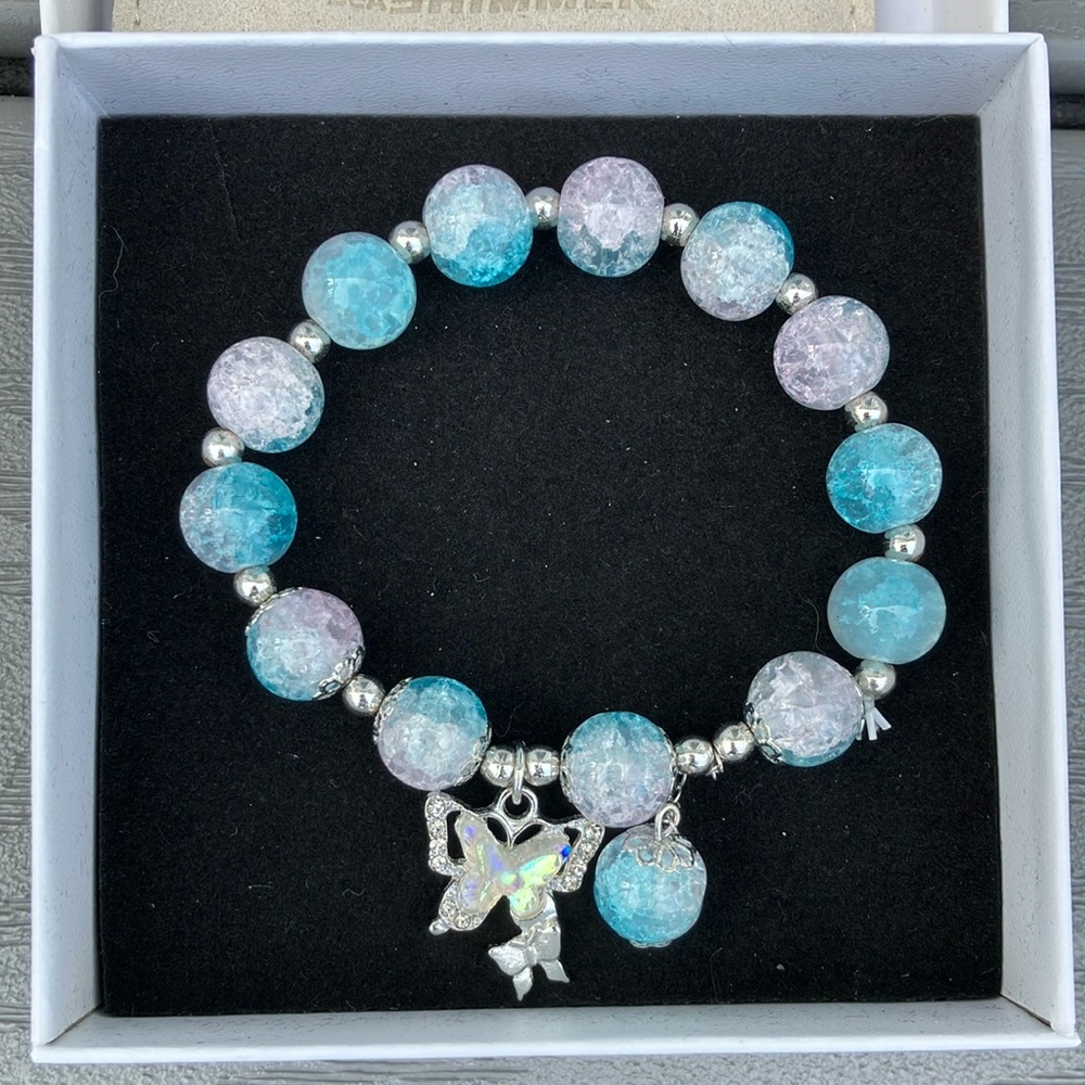 Sea Shimmer Glass Bead Bracelet with Butterfly Charm Accent NWOT